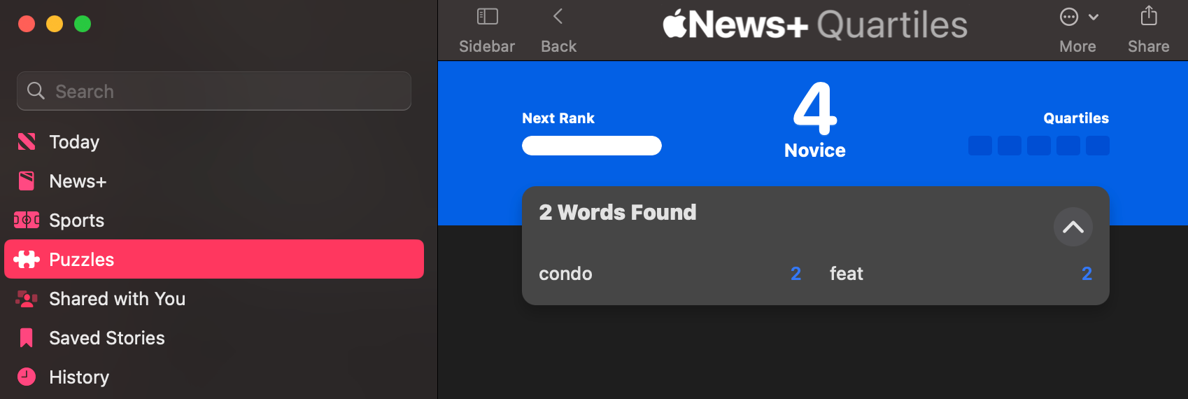 A screenshot of a puzzle. "condo" and "feat" were the novice words I could find.